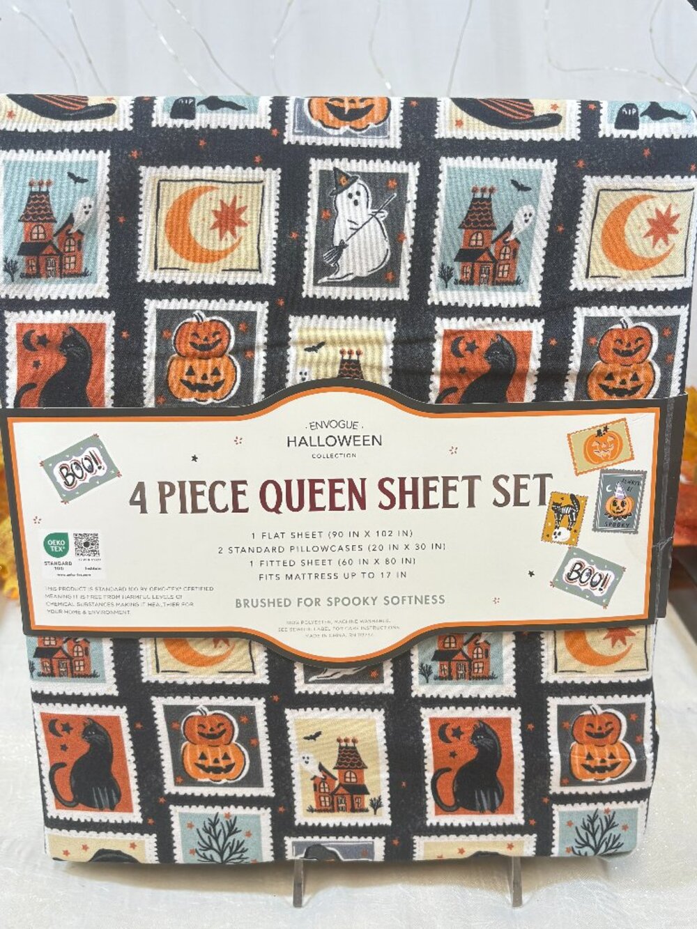 Envogue QUEEN Sheet Set Halloween Icons Stamps Cat Pumpkin Ghost Haunted House